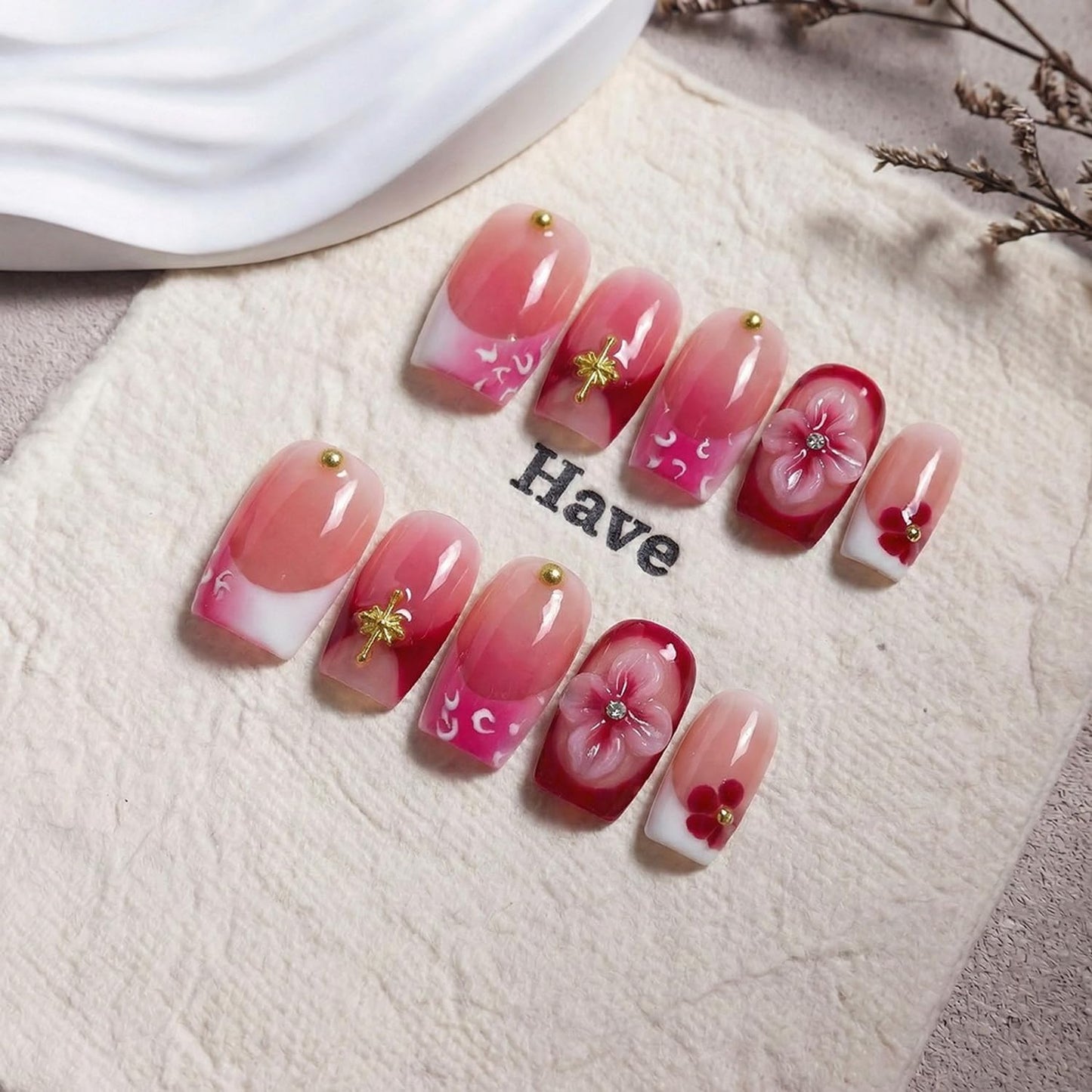 Flower Handmade Press on Nails Gradient Square 3D Flowers Rhinestones Design Fake Nails with French Tips Short Salon Quality Reusable Acrylic Nail Kit for Women 10 Pcs (S)
