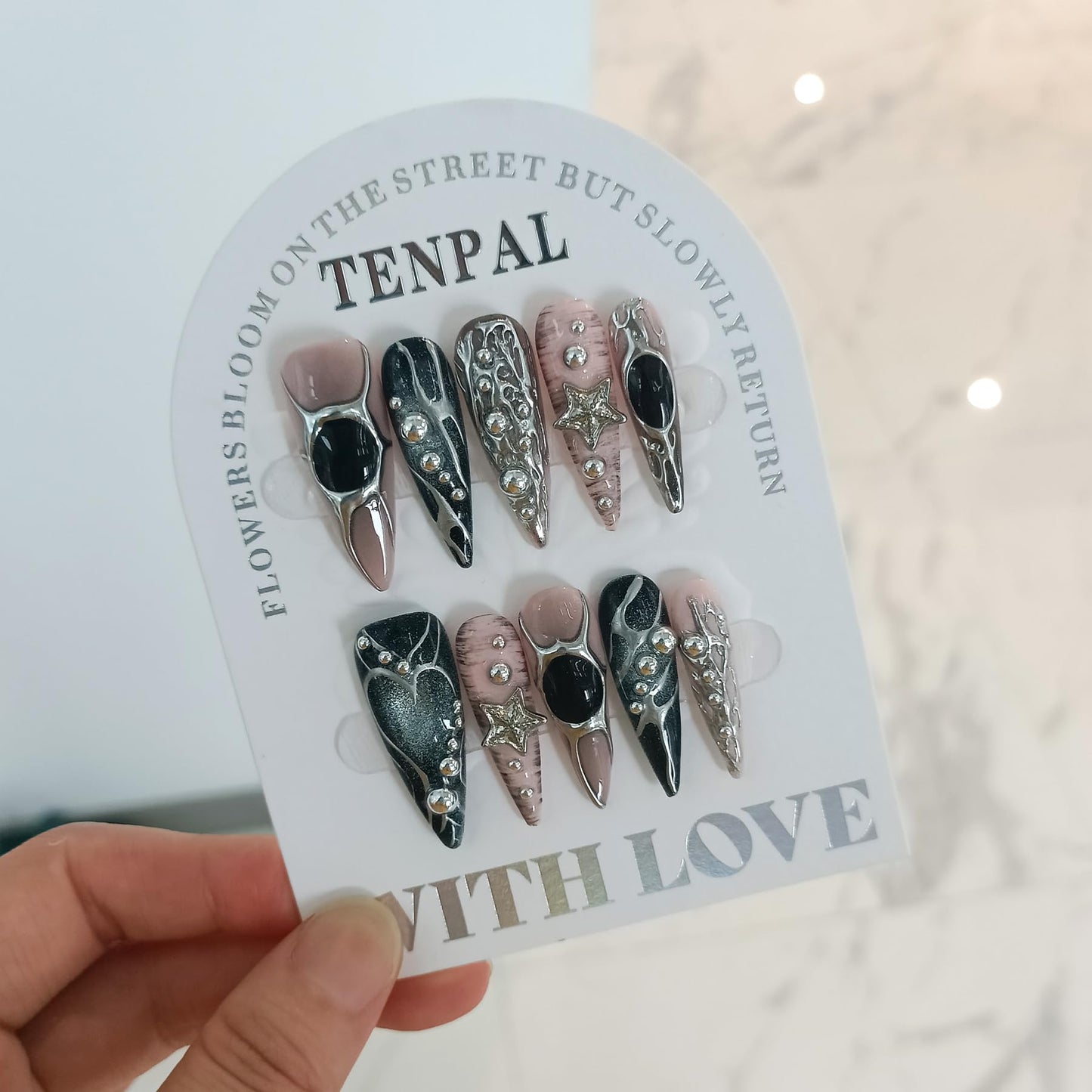 TENPAL Pink Black Press on Nails Long Stiletto,Metal Gothic Fake Nails with Punk Stars Beads,Cat Eye Glitter Edgy Y2K Ins False Nails with Tools,Sweet Grunge Irregular 3D Handmade Nails 10pcs(M)