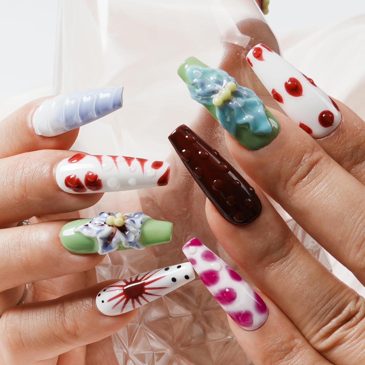 Tesytto Long Coffin Press On Nails with 3D Floral Design - Summer Multicolor Thick Luxury False Nails Reusable Acrylic Nails (Summer Stories,S)