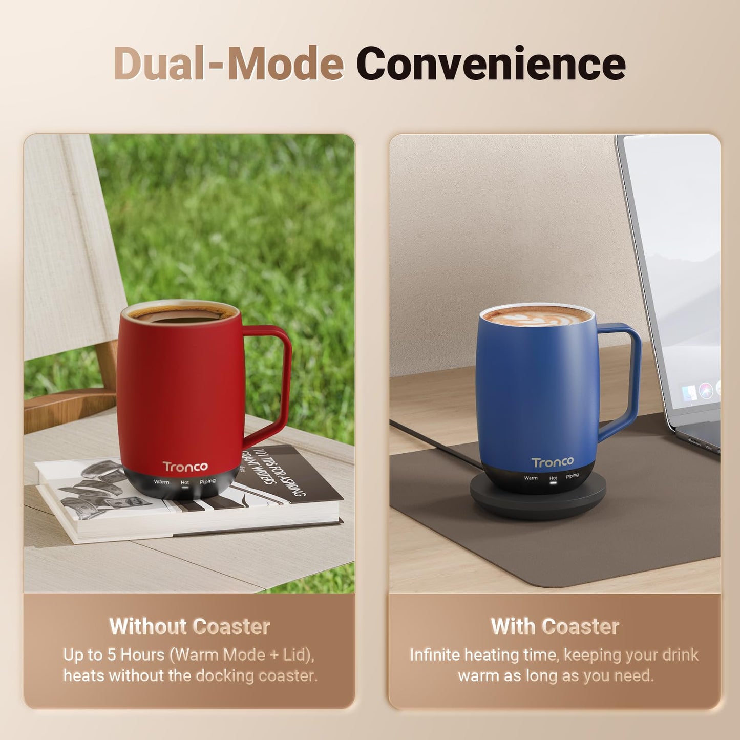 Tronco Temperature Control Heated Coffee Mug 14 oz – Rechargeable Self-Heating Coffee Mug with Lid – Manual Control, 3 Modes, 130 Min Battery Life, Auto Shut-Off (Blue)