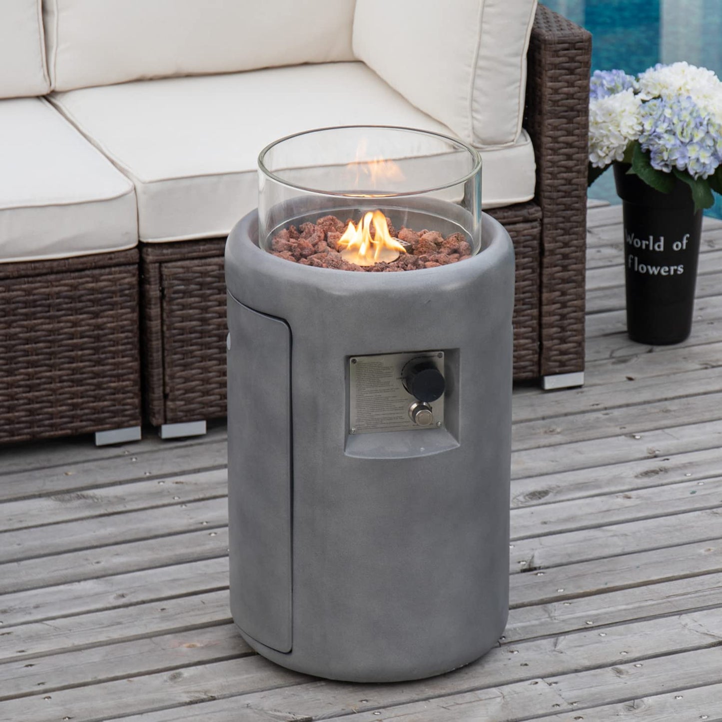 COSIEST Outdoor Propane Fire Pit Table w Compact Ledgestone 16-inch Round Graphite Base and Glass Wind Guard, Certified, 40,000 BTU, Free Lava Rocks, Touch-up Pen, Fits 20lb (Grey)