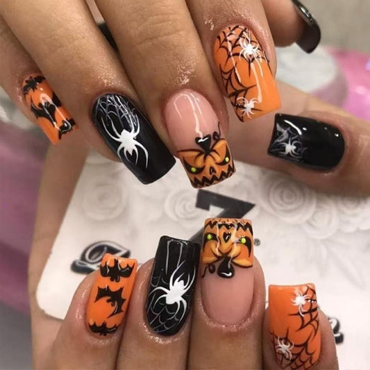 Halloween Press on Nail Medium Length Square Fake Nails Orange Black with Pumpkin Spider Web Bat designs Halloween False Nails Full Cover Glossy Reusable Acrylic Press ones for Women Party Manicure