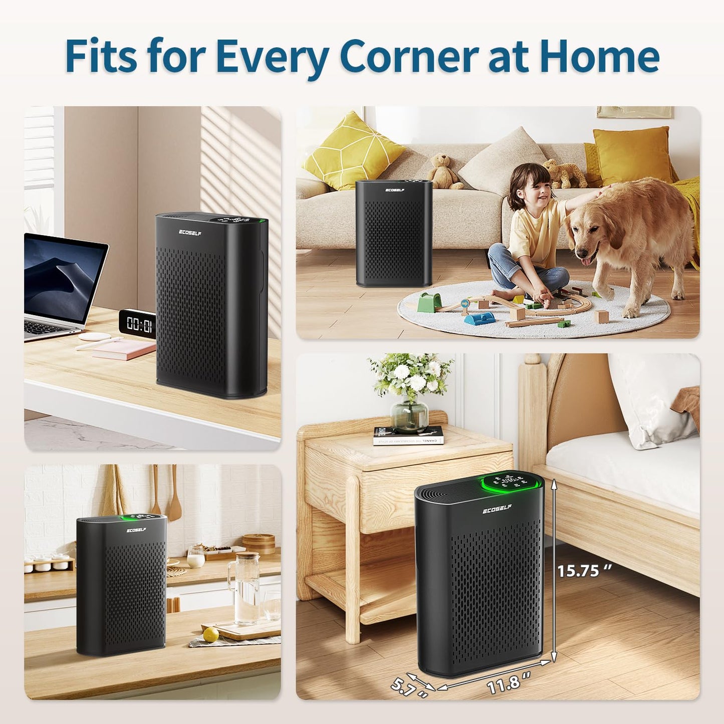 Powerful Air Purifiers for Home Large Room Up to 2400 Ft², ECOSELF HEPA Air Purifier with PM 2.5 Air Quality Display 20dB Sleep Mode, Air Purifiers for Bedroom Office Living Room Black
