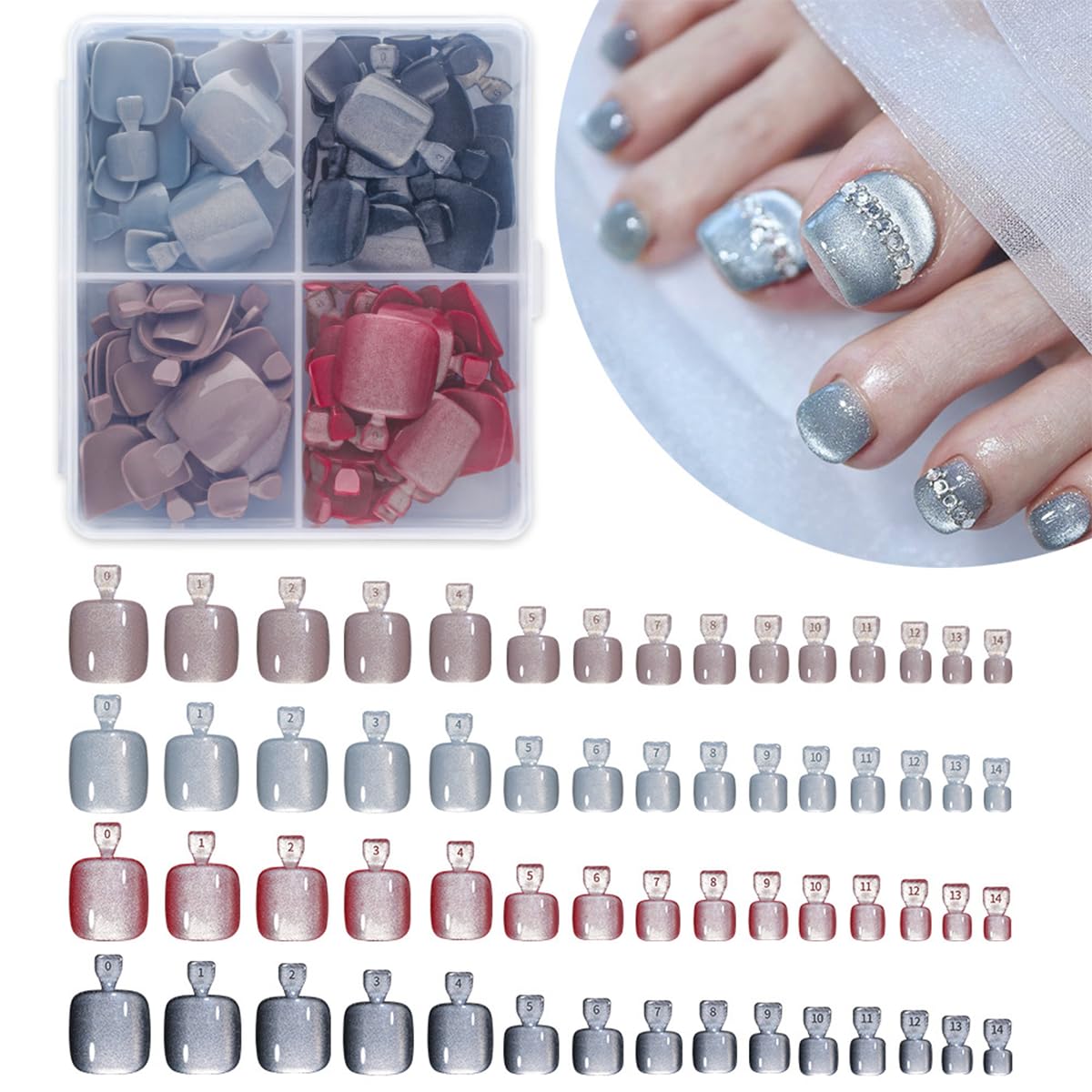 120Pcs Press on Toenails, 4 Colors Cat Eye Press On Toe Nails Short Square Fake Toe Nails Shiny Glitter Toe Press Ons for Women & Girls, Glossy Toe Fake Nails for Women Manicure