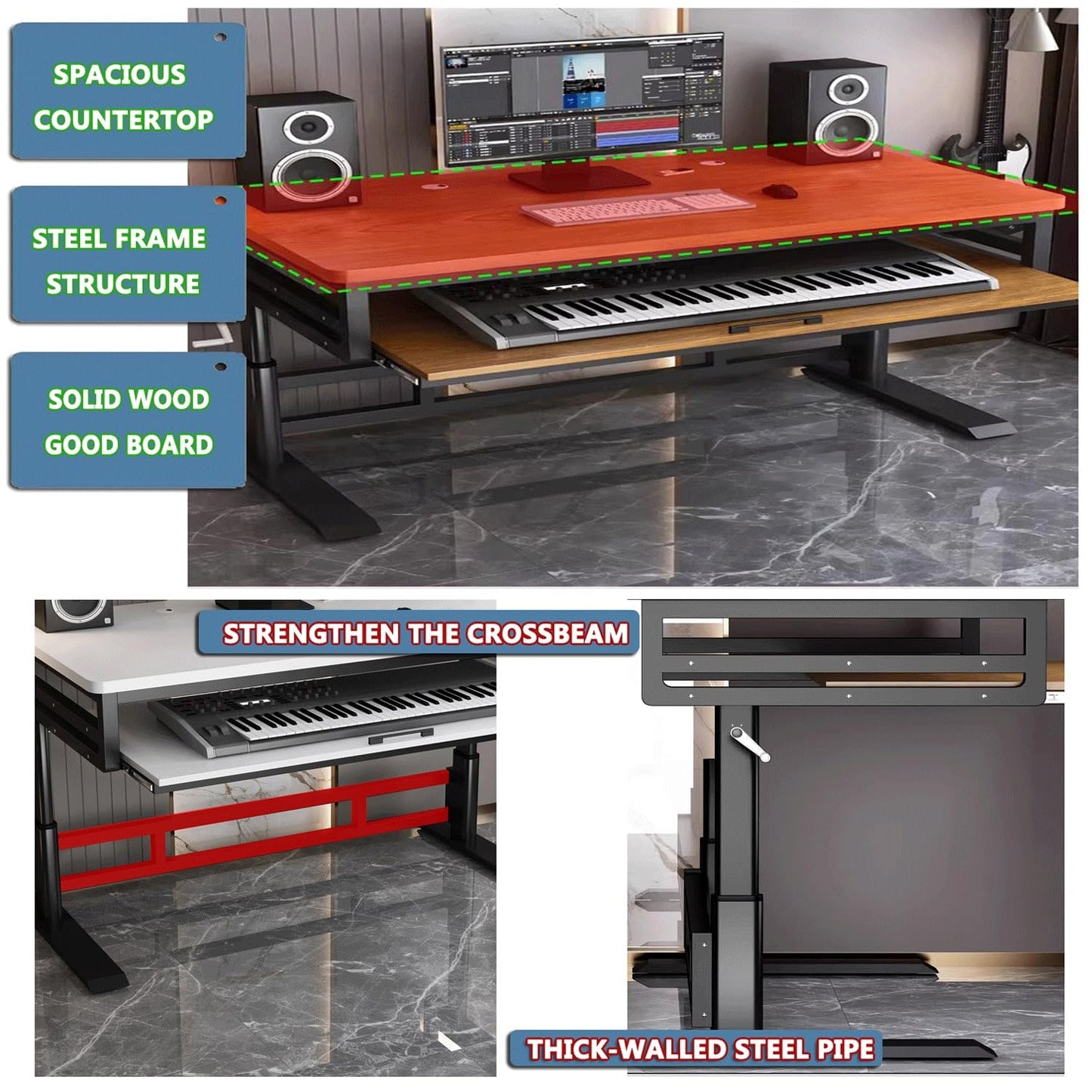 Music Studio Desk Workstation with Keyboard Tray, Office Computer Table with Organized Wiring/Keyboard Shelf Workbench Electronic Piano Midi Production Recording Studio