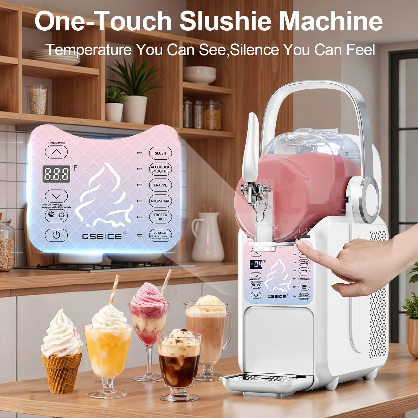 GSEICE Soft Serve Ice Cream Maker, 88oz Slushie Machine for Home with Portable Handle, 6 Preset Mode for Ice Cream, Margaritas, Frappés, Milkshake, Juice, Real-time Adjustable Temp Display