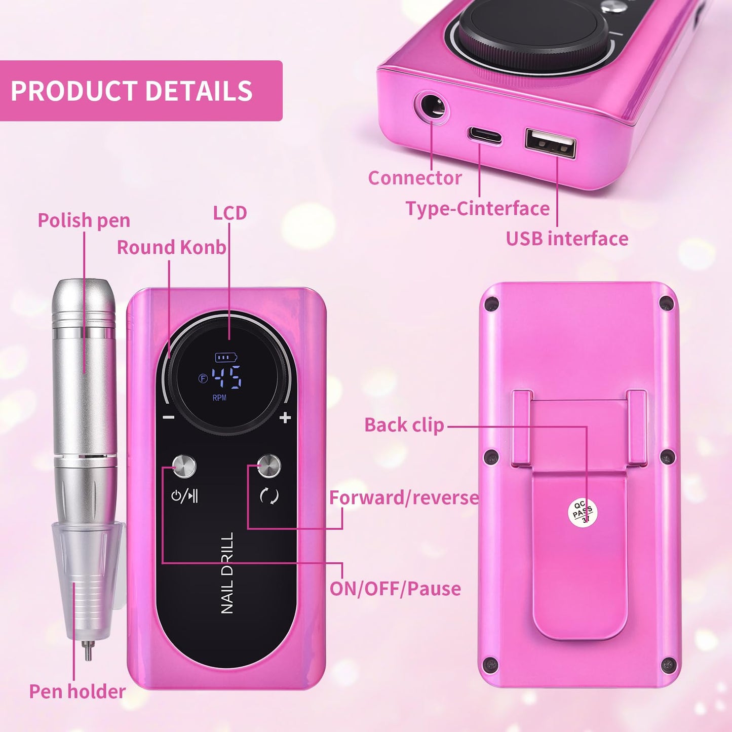 siyuwuro Portable Nail Drill 45000 RPM Professional Cordless Rechargeable Electric Nail File for Removing Polishing Acrylic Gel Nails with 6 Drill Bits & Sanding Bands, Nail Salon Home Use, Pink