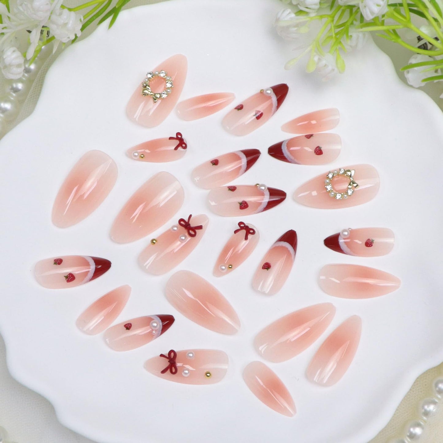 Almond Press on Nails Medium Blush Fake Nails with 3D Bow Rhinestones Pearl Strawberry Designs Red French Glue on Nails Press ons Pink Ombre Full Cover Reusable Stick on Nails Women 24Pcs