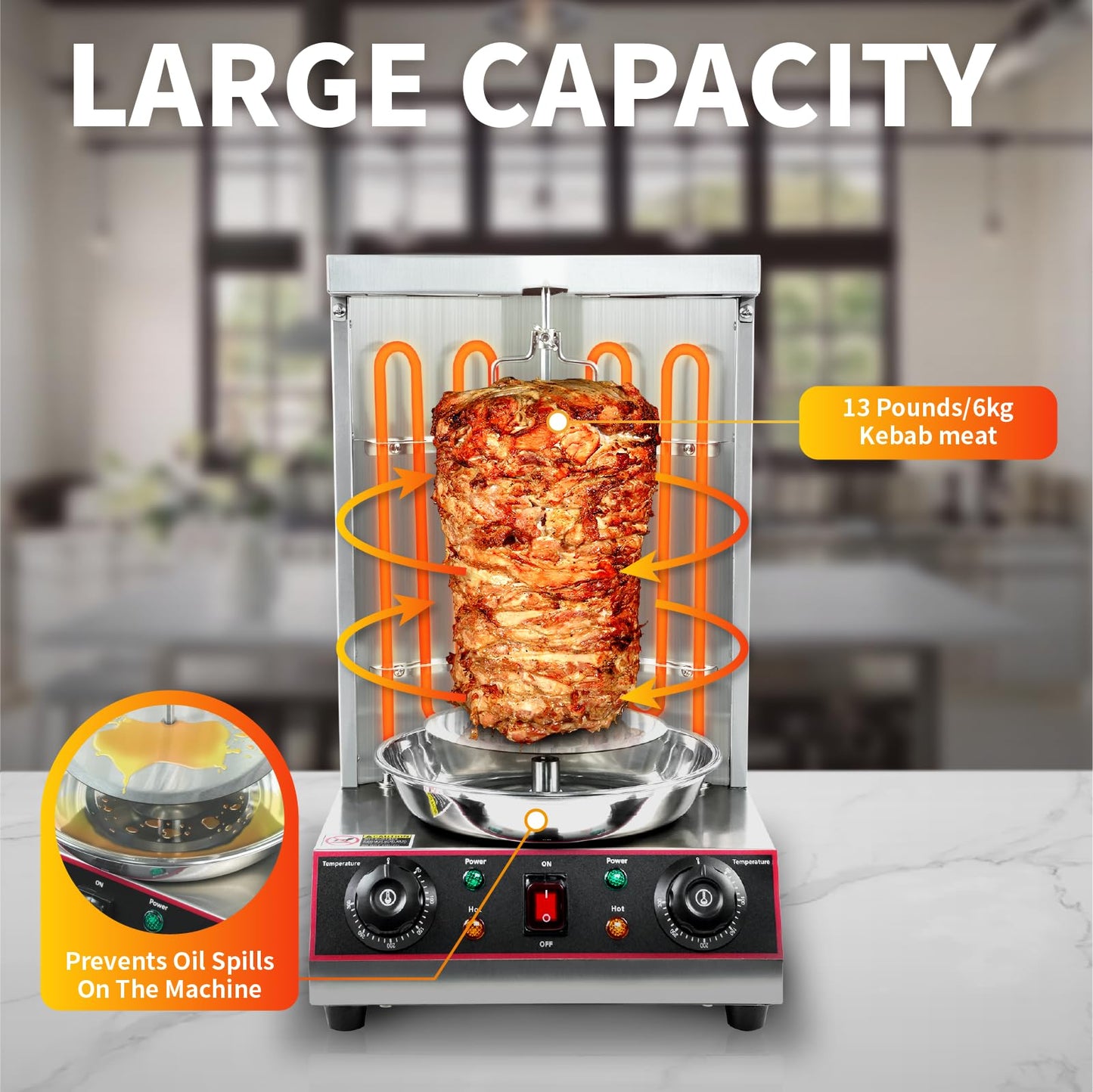 XXUNYNUIN Shawarma Grill Machine, Electric Vertical Rotisserie with 2 Burners, Rotating Chicken Rotisserie Machine Broiler Gyro with Shovel