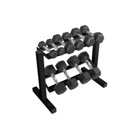CAP 150 LB Rubber Hex Dumbbell Set with 2-Tier Rack for Home Gym Strength Training, Chrome Handle, Black Rack