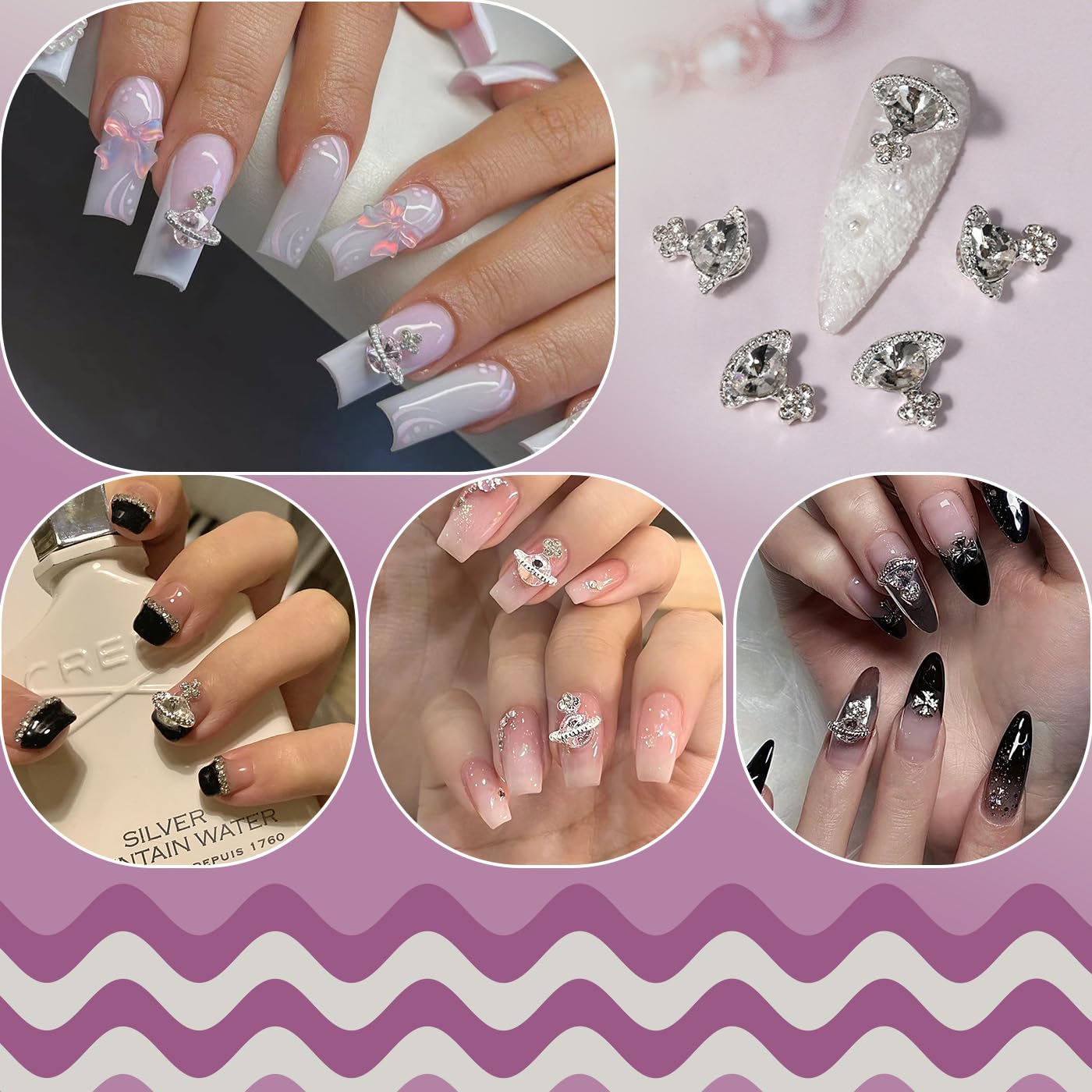 60pcs Planet Nail Charms with Gems, Y2K Sliver Cross Nail Art Charms, 3D Chrome Nails White Pink Saturn Shape Shiny Rhinestones Nail Supplies, Crystal Acrylic Charm for Women