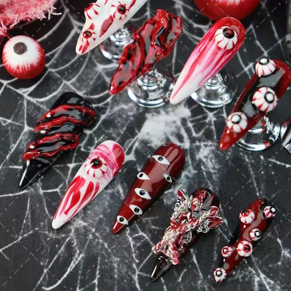 100% Handmade Press on Nails Halloween Long Stiletto Fake Nails with Red Evil Eye Design Spiderweb Glue on Nails Charms Gothic Halloween Nail Press ons Reusable Handmade Nail for Women Manicure Size L