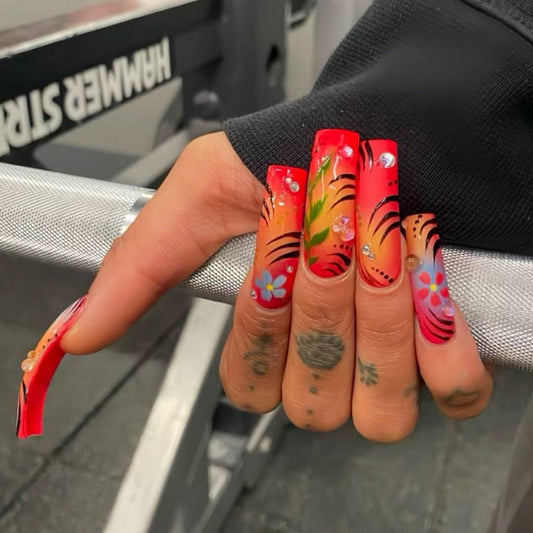 Curved Press on Nails Extra Long Square Fake Nails Full Cover Orange with Flower designs Rhinestones Press ones Glossy Curve Fake Nails Reusable Acrylic Glue on Nails for Women Girls Manicure24pcs