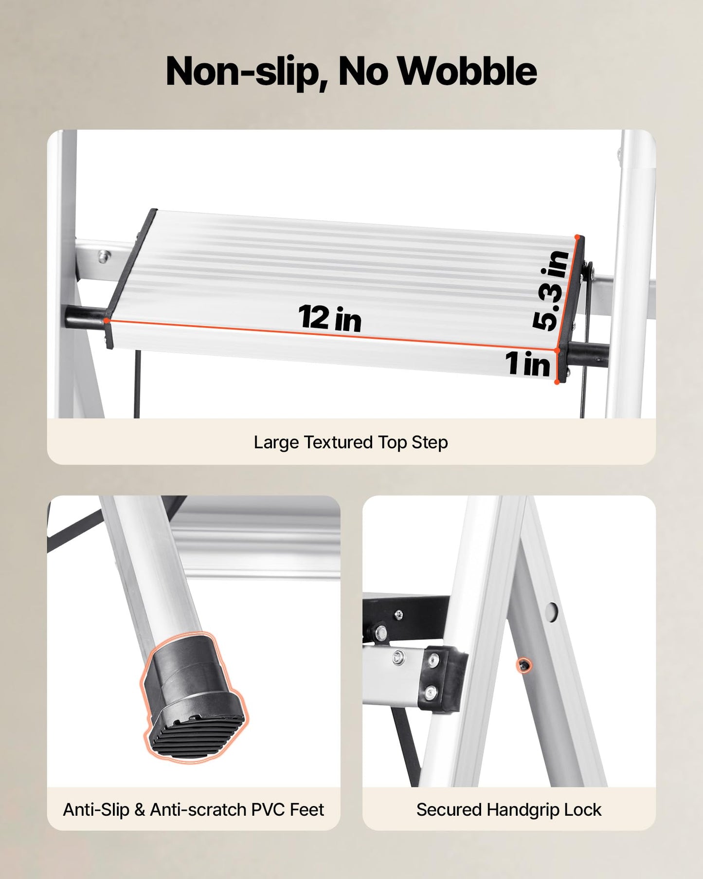 VEVOR 3 Step Ladder, Folding Step Stool with Wide Anti-Slip Pedal and Comfort Handgrip, 330 lbs Capacity Portable Aluminum Stepladder, Multi-Use for Kitchen, Warehouse, Household and Office, Silver