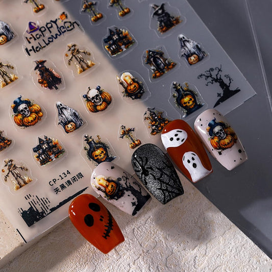 Halloween Nail Stickers for Nail Art Pumpkin Ghost Skeleton Nail Decals Spooky Stickers for Nails 3D Self Adhesive Nail Art Supplies & Decorations for Women Girls,1 Sheet DIY Manicure Decor