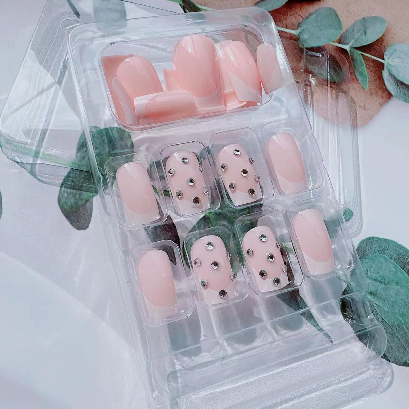 24pcs Press on Nails Short Square Glossy Pink French False Nails with Rhinestone Design Full Cover Fake Nails Stick on Nails White French Nail Tips False Nails Gel Glue on Nail for Women Girls