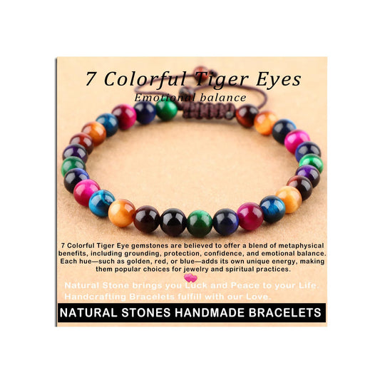 AD Beads 6mm 7 Colorful Tiger Eyes - Emotional balance - Handmade Natural Stone Crystal Bracelet with Adjustable Macrame String - Yoga Healing Power Energy Gifts for Men and Women