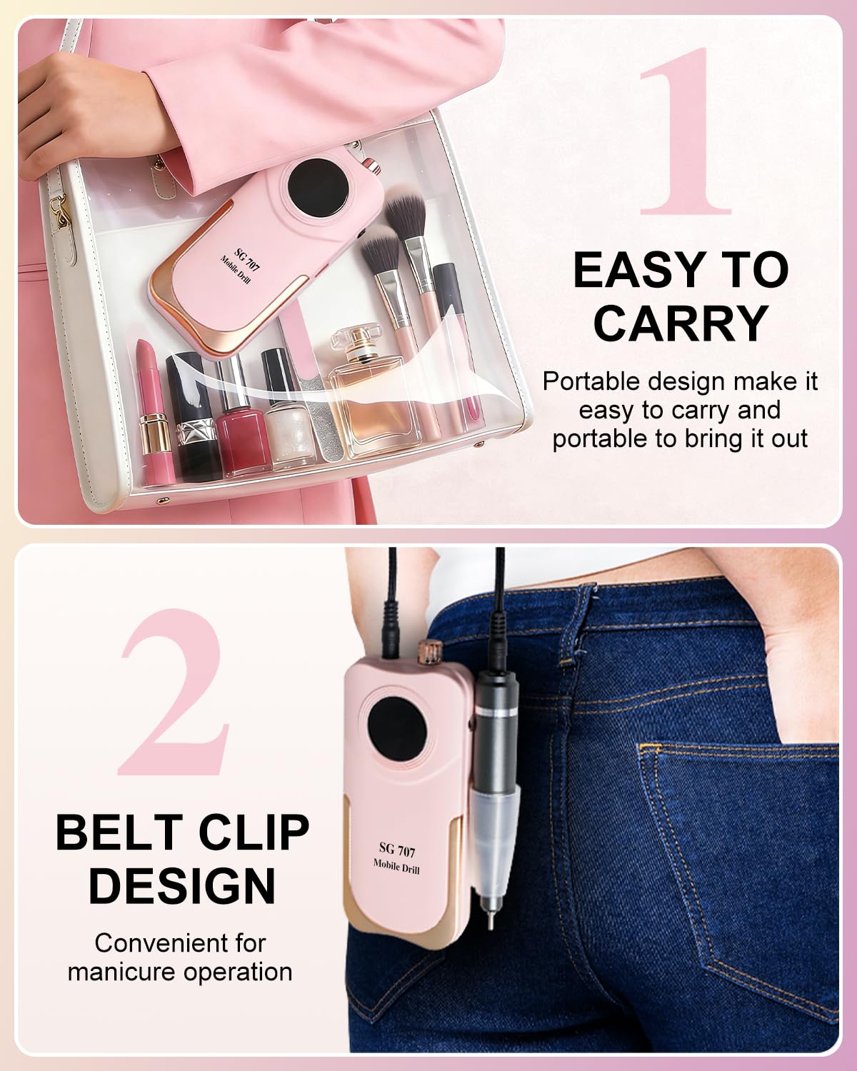 Moskany Professional Electric Nail Drill Kit 35000RPM with 14PCS Bits Pink Portable Rechargeable Cordless File Machine for Acrylic Gel Powder Nails and Manicure Pedicure Toenail Tool Salon Set
