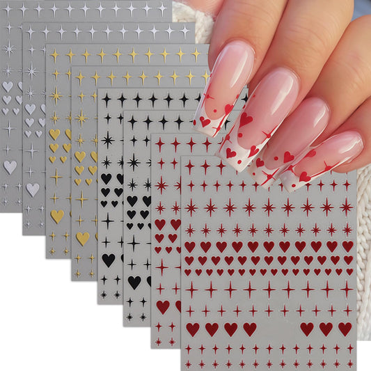 8 Sheets Gold Silver Heart Nail Art Stickers 3D Valentines Nail Decals Gold Silver Black Red Star Peach Heart Design Nail Stickers Cute Heart Nail Supplies for Women Acrylic Manicure Decoration DIY