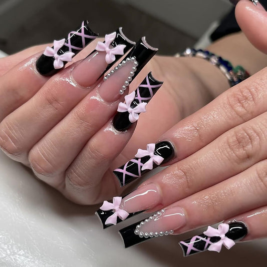 FIEONCIY Press on Nails Coffin Long Black Glossy Full Cover Acrylic Square French False Nails with Pink Bow Designs Artificial Ballerina Fake Nails with Charm Glue Stick on Fingernails for Women