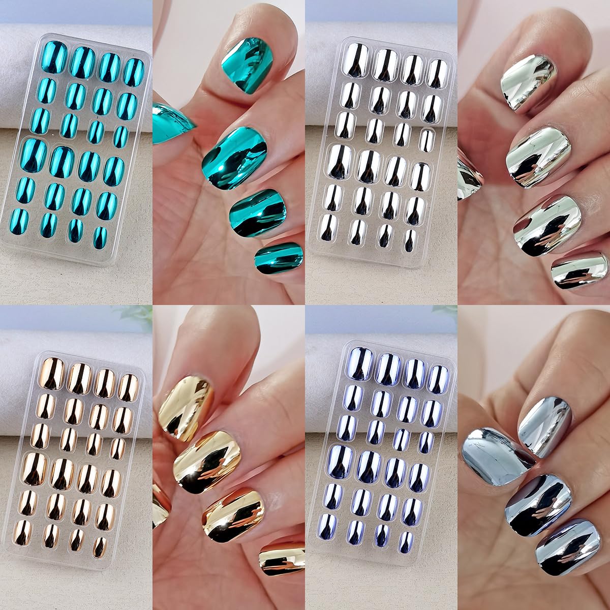 120 Pcs Mirror Metallic Press on False Nails Set for Girls Chrome Kid Fake Nails Pre-glue Children Artificial Metal Plating False Nails Short Oval Full Cover Acrylic Nail Tips Kit for Girl Toys