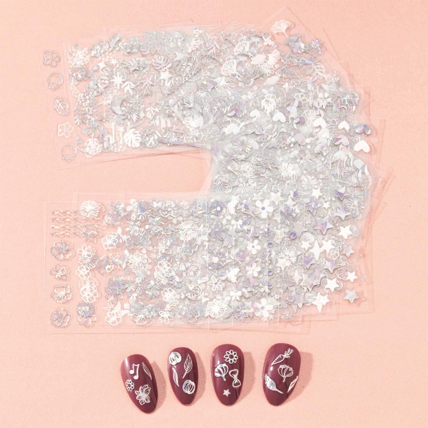 30 Sheet Silver Nail Art Stickers 3D Self-Adhesive Nail Decals Star Moon Flower Leaf Stripe Design Aurora Laser Nail Stickers Heart Butterfly Nail Art Supplies DIY Nail Decoration for Women