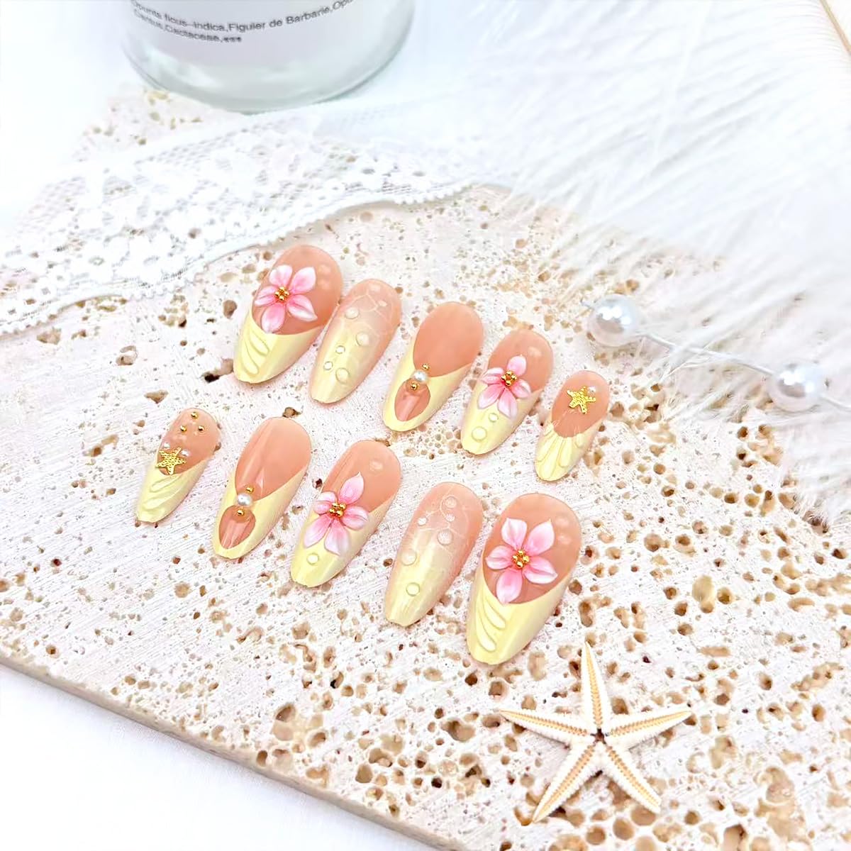 24Pcs Flower Press on Nails Medium Almond Fake Nails Yellow French Tip False Nails with 3D Pink Flower Dewdrop Design Pearl Gems Artificial Stick on Nails Full Cover Glue on Nail for Women Manicure