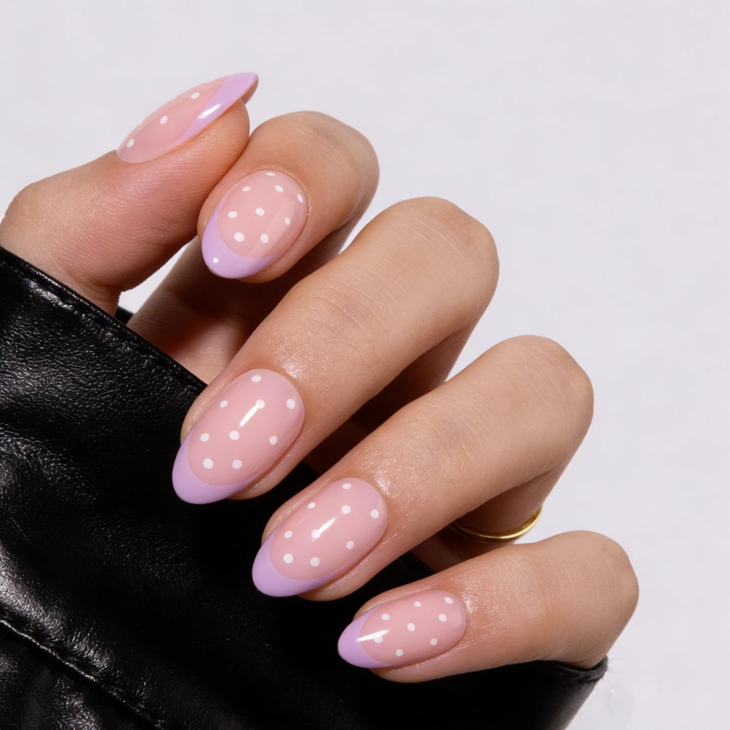 PILOLO Press On Nails Polka Dot Fake Nail Tips Adhesive Reusable Full Cover Acrylic False Nails Long Almond Stick On Manicure Set for Women Girls Gift (Barbie French Dot)