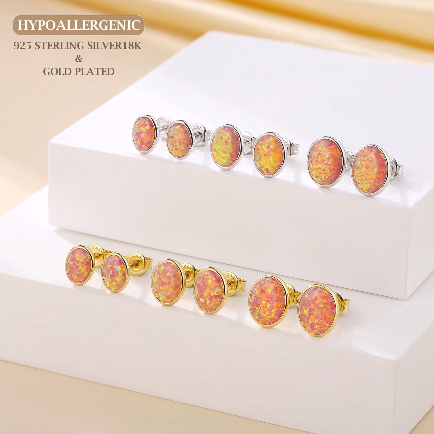 JiayangJY Silver Red Fire Opal Stud Earrings for Women 18K Yellow Gold Plated Sterling Silver Oval Shape 5mm Opal Earrings with Push Back