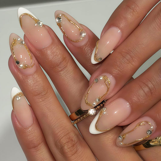 White French Tip Press on Nails Medium Almond Fake Nails Luxury Gold Line Design 3D Pearl Rhinestones Acrylic Nails Nude Full Cover Glue on Nails Reusable French False Nails for Women Manicure 24Pcs