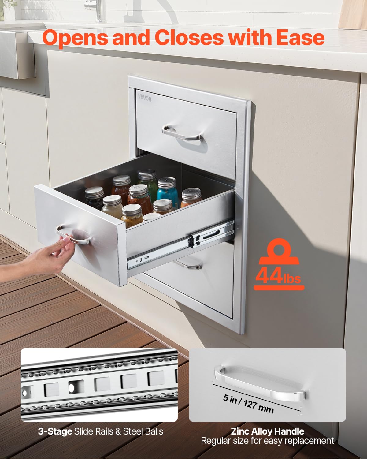 VEVOR Outdoor Kitchen Drawers 18.11" W x 23.23" D x 23.23" H, Triple-Access Stainless Steel Modular Drawer Cabinet with Handles, BBQ Island Drawer for Outdoor Kitchen or BBQ Island Patio Grill Station
