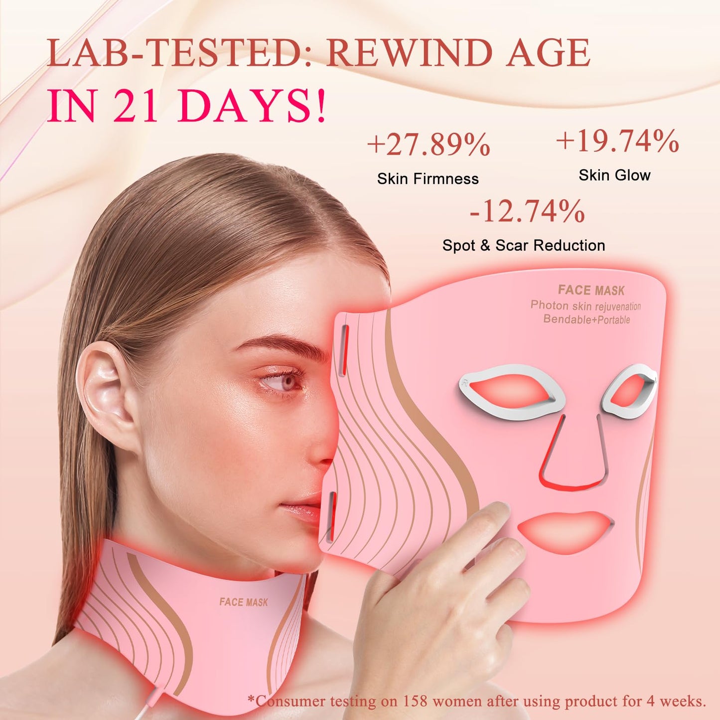 Red Light Therapy for Face & Neck, LED Red Light Therapy Mask for Anti-Aging, Wrinkle Reduction, and Skin Firming, Rechargeable LED Face Mask Light Therapy, 7 Modes, 5 Levels, Home & Travel Use