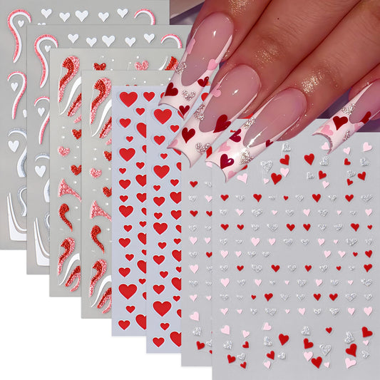 8 Pcs Valentines Day Nail Stickers French Heart Nail Decals Glitter Pink Silver Romantic Heart Curved Line Nails Design 3D Self-Adhesive Pink Red Silver Glitter Mini Hearts Nails Supplies for Women
