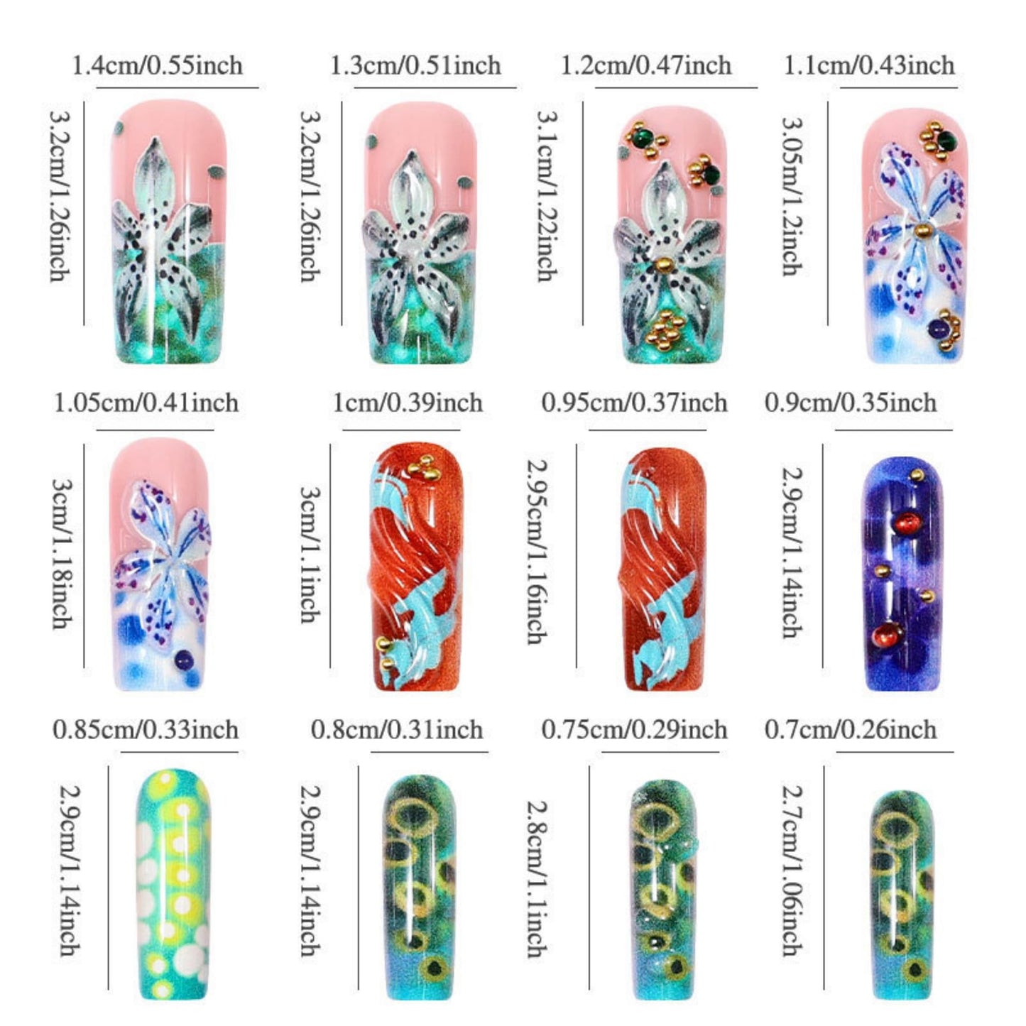 Octoswave Long Square Press on Nails 3D Flower Design Colorful Artistic Fake Nails for Women Party Prom DIY Manicure 24Pcs