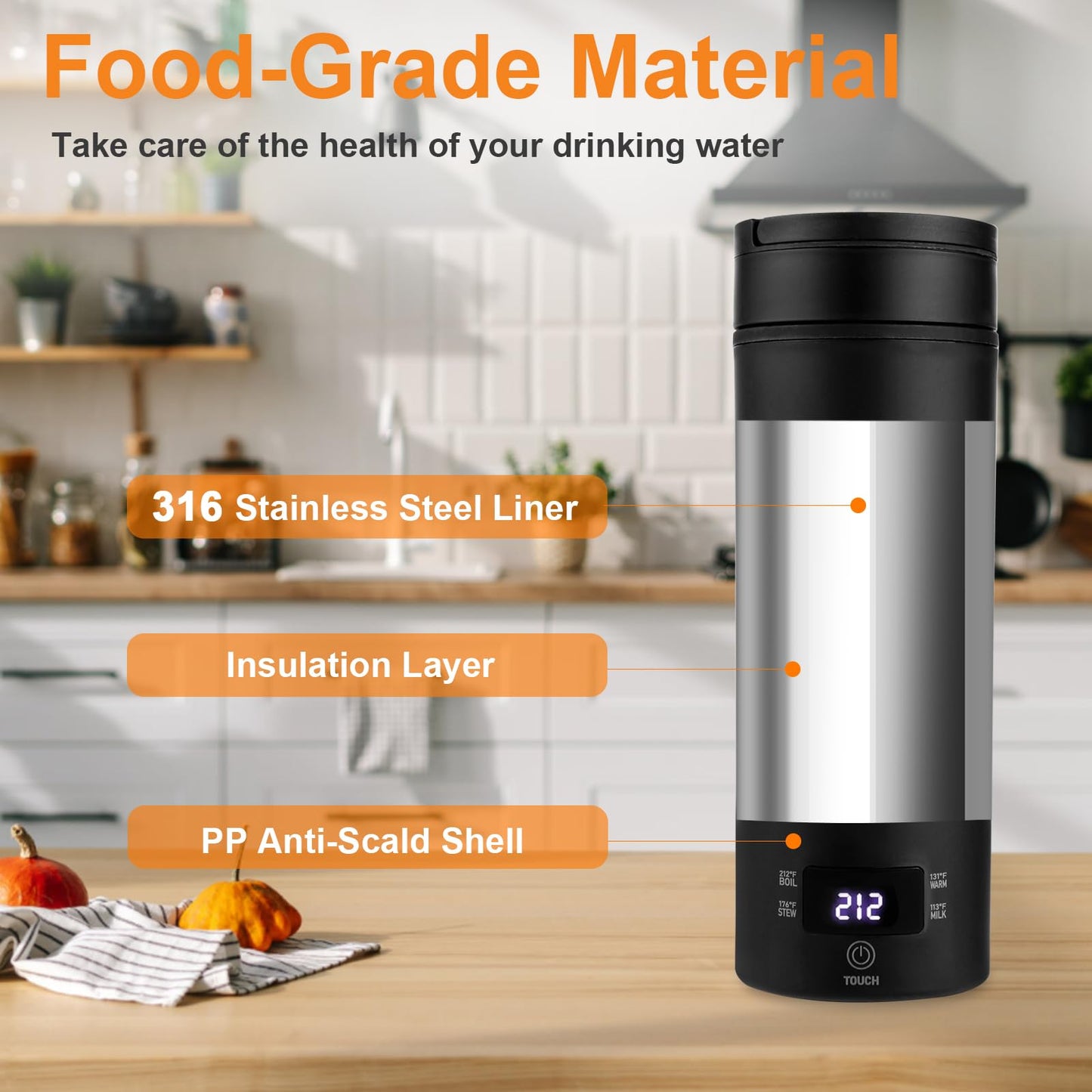 Rzlinn Portable Electric Kettle （110V）, Travel Tea Kettle, 316 Stainless Steel Premium Liner, 4-speed Temperature Adjustment with Auto Shut-off and Boil-Off Protection black