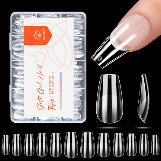 modelones Medium Coffin Nail Tips, Pre-shaped Soft Gel Tips Fake Nails False Acrylic Clear Full Cover Press on Extension Kit Gel Manicure DIY at Home 216PCS 12Sizes