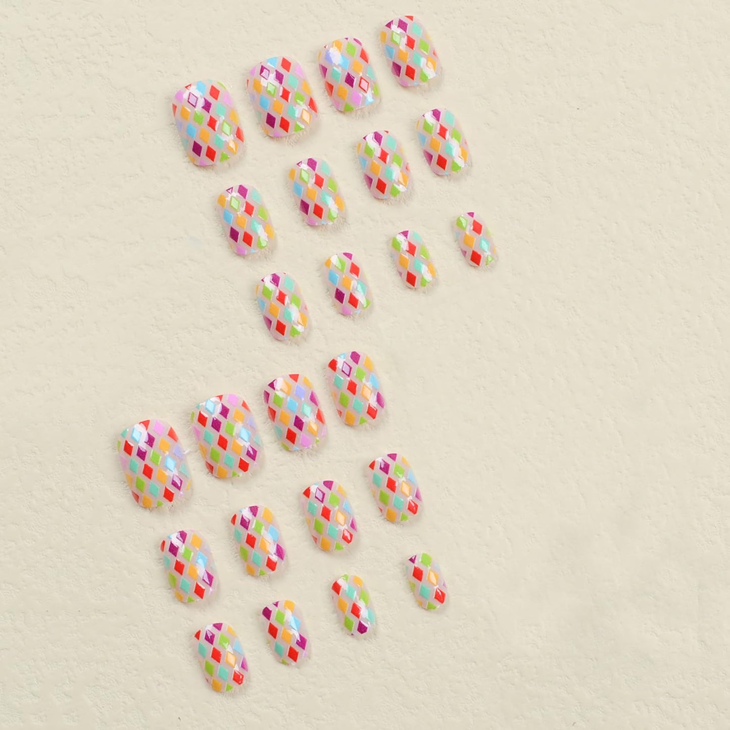 Vezocim Press on Nails Square Short 24Pcs Press on Nails with Rhombus Designs Glossy Full Cover Acrylic Extra Short Coffin False Nails Glue ons Fingernails Artificial Fake Nails for Women Girls