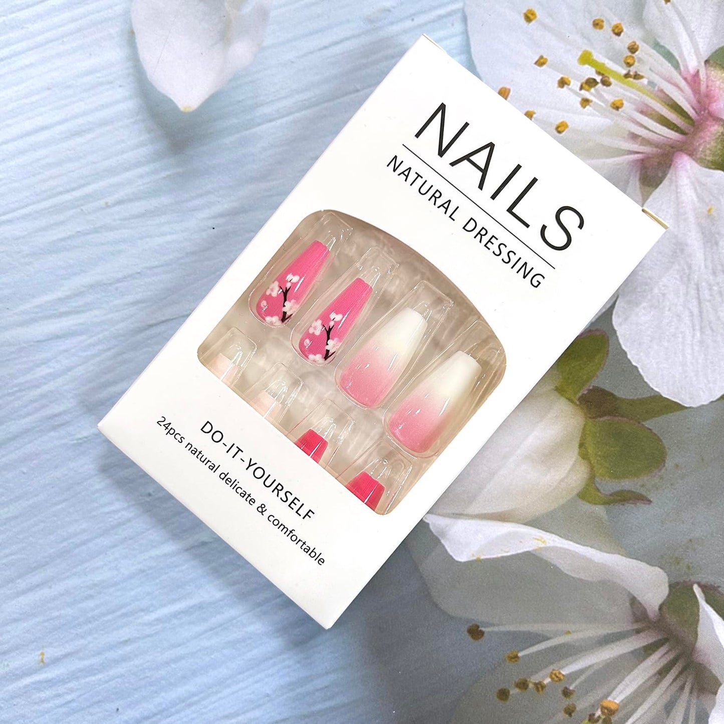 LOPMNGHT 24Pcs Flower False Nails Medium Press on Nails Ballet Shaped Pink Gradient Acrylic Nails Floral Design Spring Fake Nails Full Cover Flower Stick on Nails Artificial Nails for Women Decoration