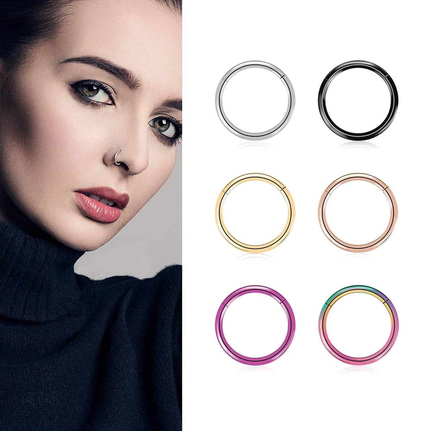 arvinpiercing BOGKU 6pcs G23 Titanium Nose Rings Hoops 20 Gauge 8mm Hypoallergenic Hinged Septum Clicker Segment Rings Cartilage Conch Tragus Helix Rook Earring Body Nose Piercing Hoops
