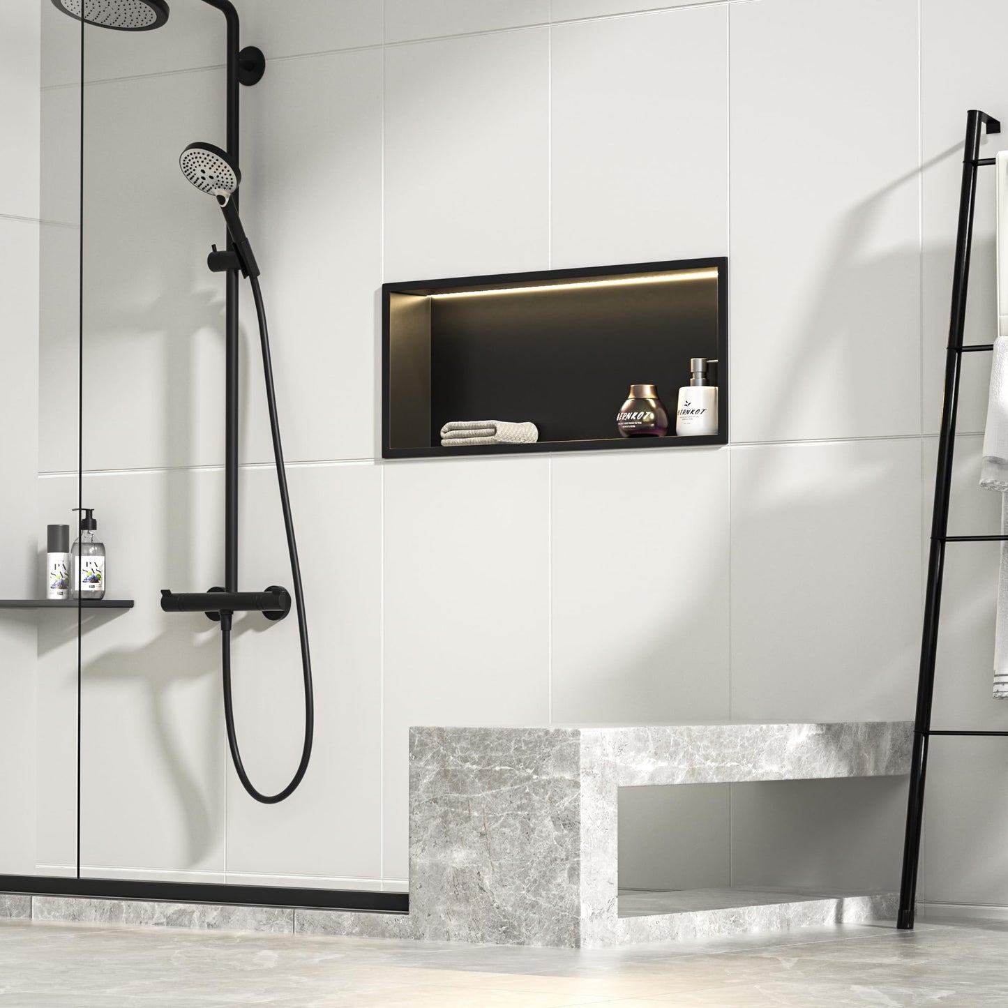 Bernkot Led Shower Niche 36" X 12" Matte Black 304 Stainless Steel with Lighting IP66 Waterproof Recessed Bathroom Wall Niches Shelf No Tile Need Shower Niche for Bathroom