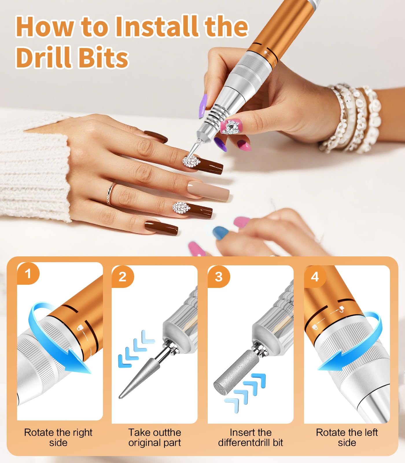 Electric Nail Drill Professional, Portable Rechargeable 35000 RPM - Cordless Electric Nail File Machine Kit for Acrylic Gel Polishing Removing, Manicure at Home DIY & Salon (Orange)