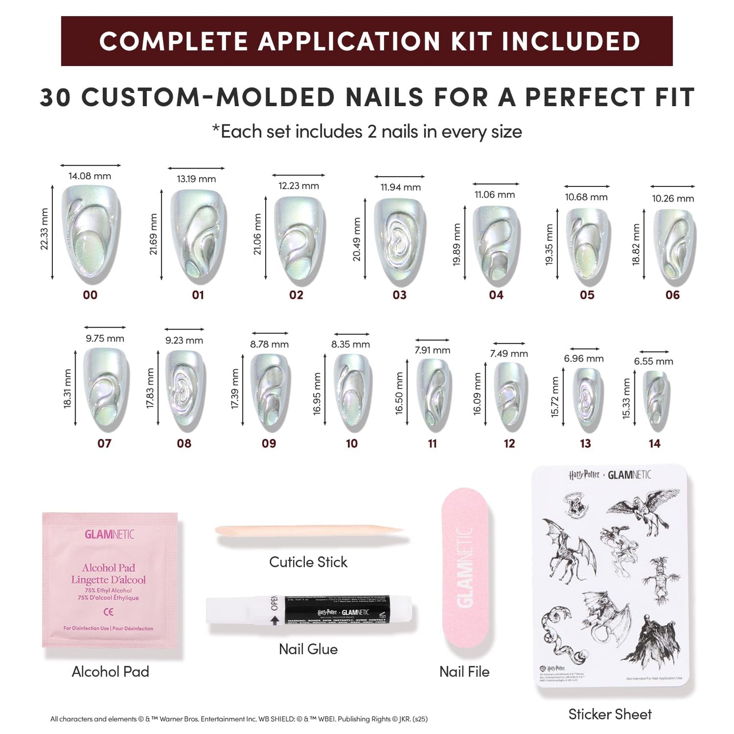 Harry Potter™ x Glamnetic Press-On Nails Bundle - Unicorn Blood & Caviar | Short Almond Fake Nails with Silver Chrome & 3D Swirl Design, Officially Licensed | Short Almond Black French Tip False Nails