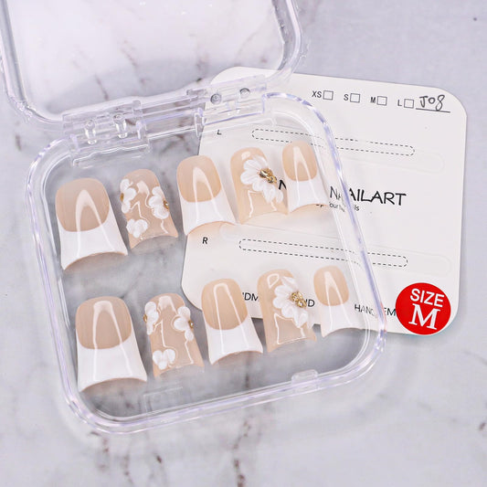 Duck Press on Nails Short Handmade 3D Unique Flower Fake Nails White French Tip False Nails with Designs Thick and Muti-Layer Gel Acrylic Nails Glossy Glue on Nail for Women (Size M)