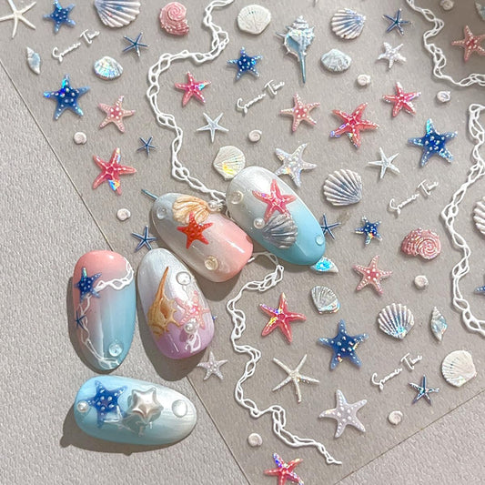 5D White Embossed Nail Stickers Beach Shell Nail Art Stickers Summer Nail Decals Self-Adhesive Star Sea Waves Starfish Designs Nail Art Decals Acrylic Nails DIY Supplies for Women Girls Manicure