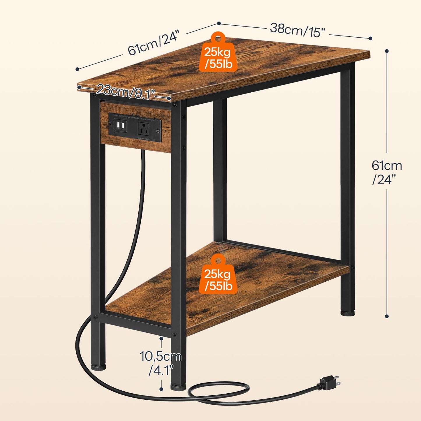 HOOBRO Wedge End Table with Charging Station, Recliner Wedge Side Table with Open Storage Shelves, Industrial Triangle Accent Table for Small Spaces, Corner, Living Room, Rustic Brown BF64UBZ01G1
