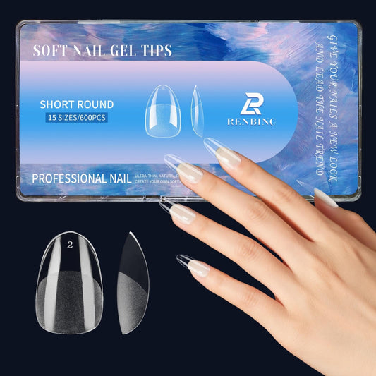 RENBING Gel Nail Tips Short Round,600pcs Fake Nails,15 Sizes Acrylic Nail Tips,Half Matte Press on Nail Tips,Full Cover Clear False Nails Gifts for Women Create Salon Nail Art at Home