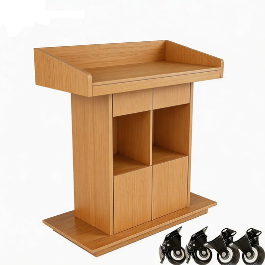 XIHAADOY Wooden Lectern Podium Stand with Lockable Wheels, with Wooden Heavy Base, Mobile Rolling Church Pulpits, Office Wooden Reception Desk, Host Stand for School Conference,Natural
