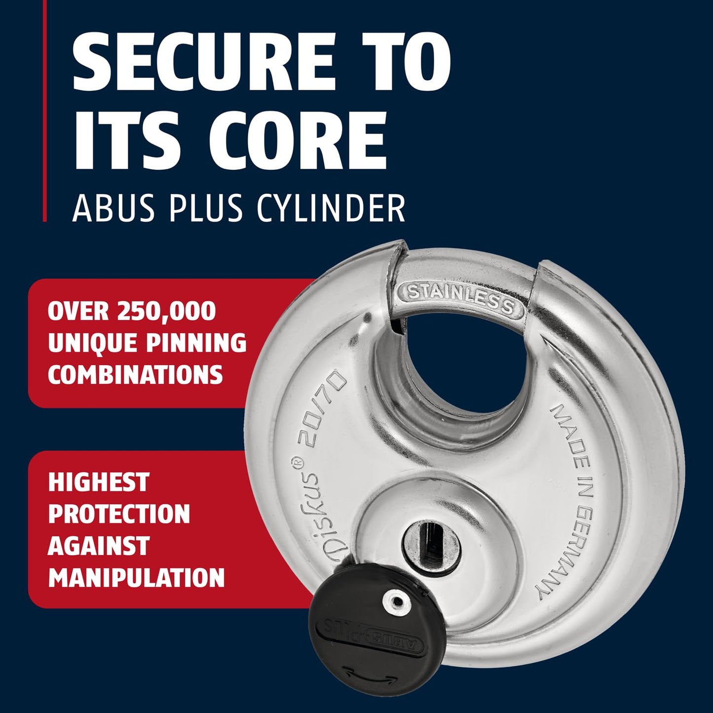 ABUS - Diskus 20/70 Padlock with Key (2.75") 70mm - Heavy Duty Stainless Steel - Cut, Rust & Drill Resistant - Storage & Outdoor - Pad Lock with 2 Keys (Keyed Different) - Commercial & Home Security