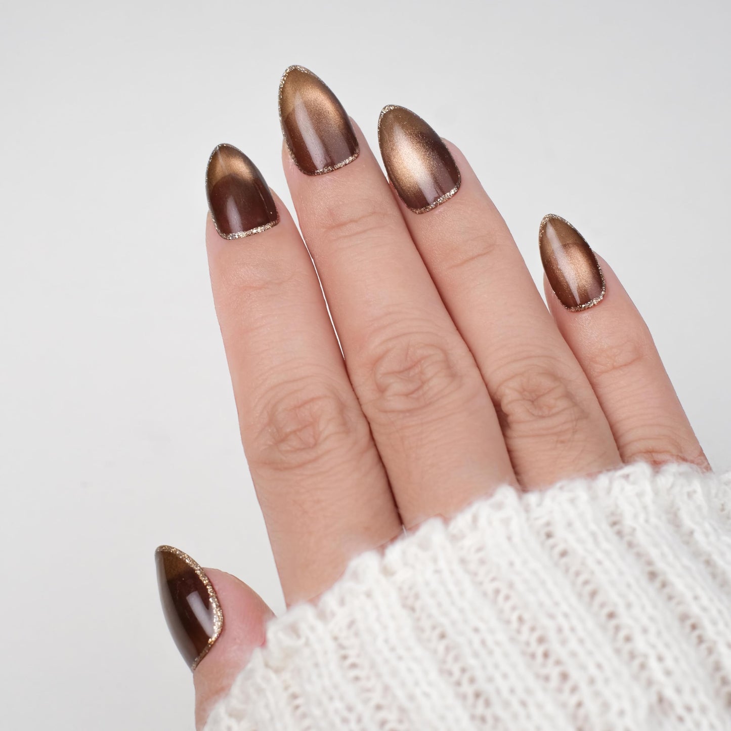 Nailique Press On Nails Short Almond – Handmade Espresso Mocha Brown Cat Eye Soft Gel with Gold Trim Outline, 26pcs Reusable Nail Tips with Glue & Remover, Salon Quality Luxury Chic Manicure