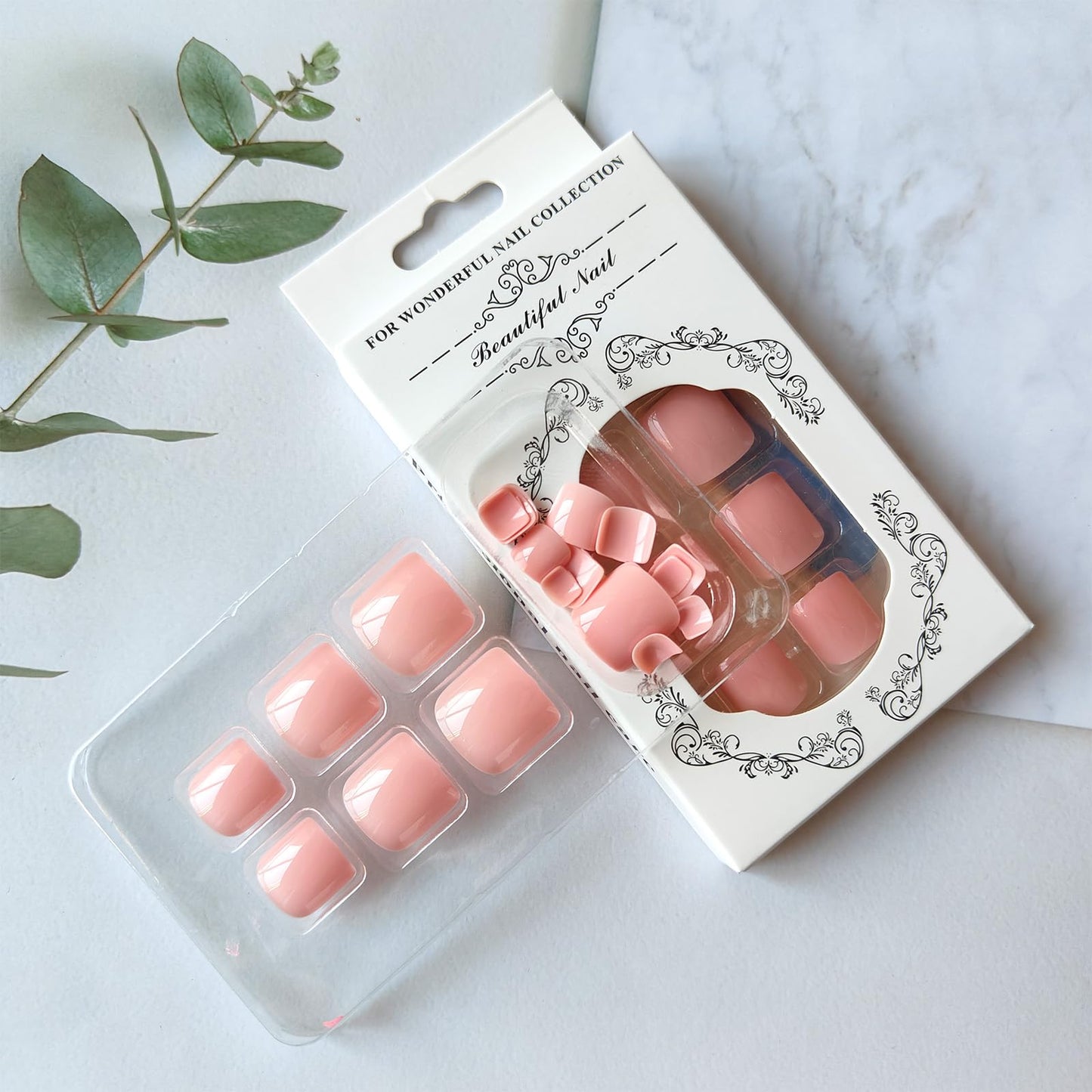 Pink Press on Toenails Short Square Glossy Fake Toe Nails Acrylic Toe Nail Press ons Nude Pink Press on Toes Summer False Toenails Artificial Glue on Toe Nails for Women 24Pcs